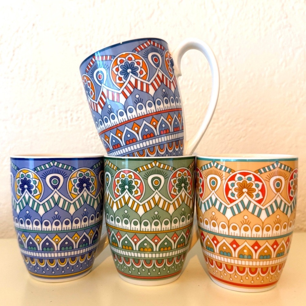 Vancasso Porcelain Coffee Mug Set of 4 Bohemian Mandala Pattern Multicolor Boho